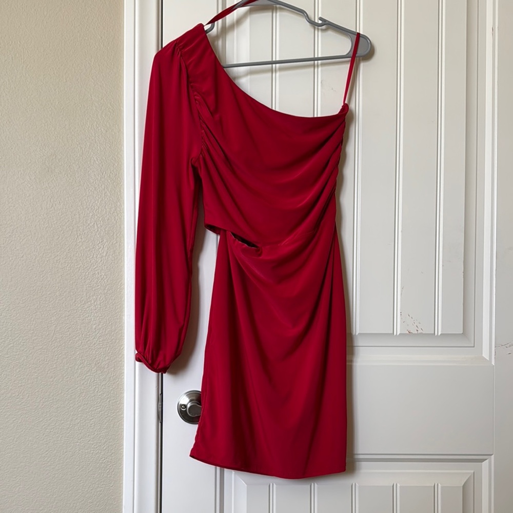 21 Saints Red Ruched One Shoulder Dress with Side Cutout